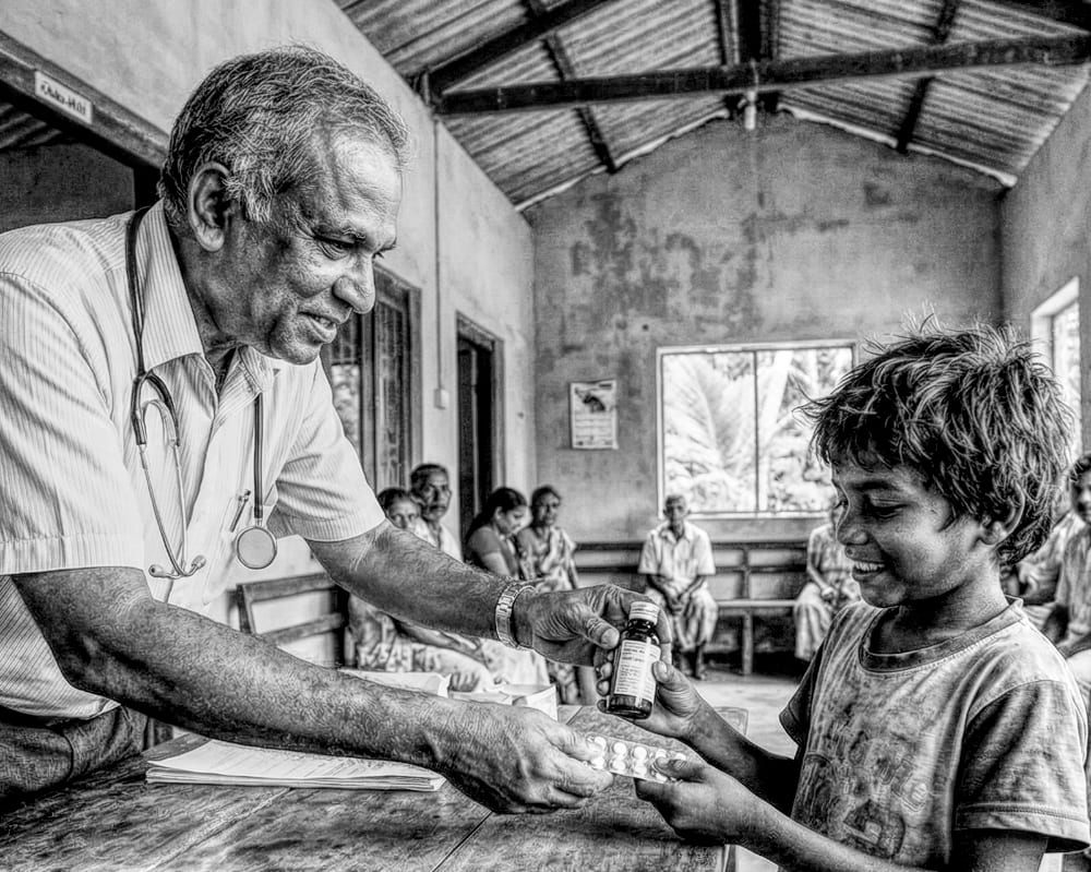 A healthcare worker offering medicine to a child